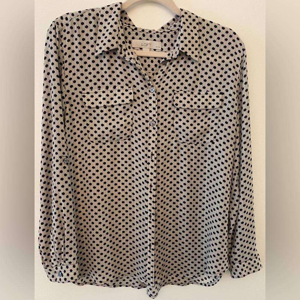 Ann Taylor Loft Petites Black White Polka Dot Button Down Blouse Women's Sz LP